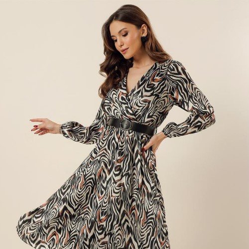 Belt Patterned Satin Dress