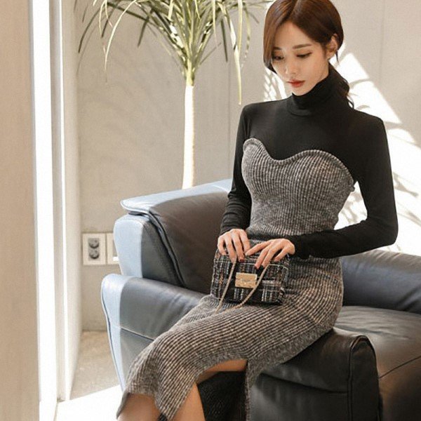 High neck knit midi dress